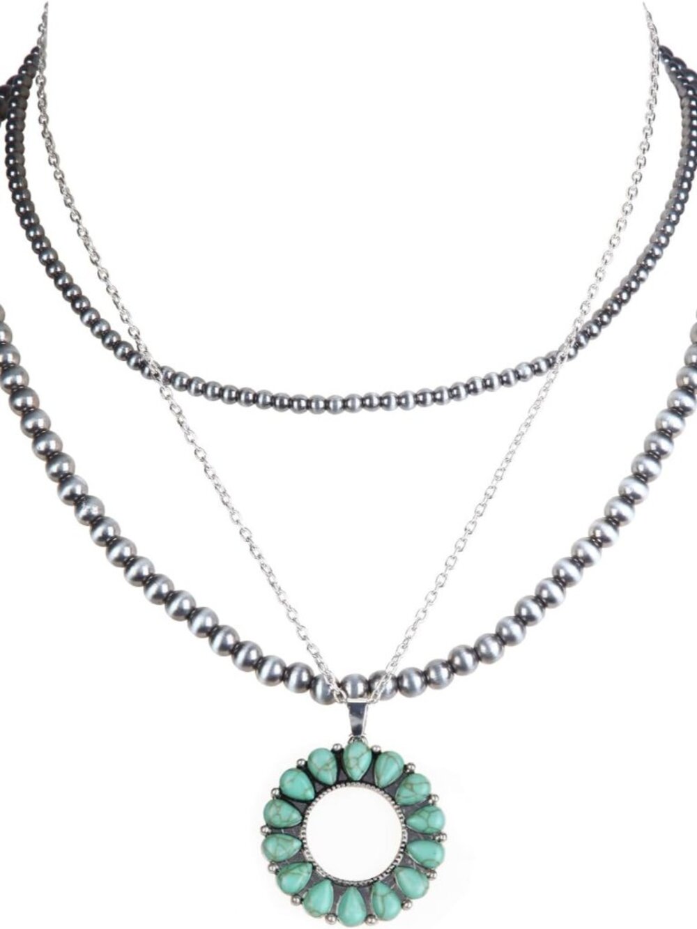 Western Jewelry Navajo Pearl Turquoise Necklace for Women Handmade Layered Long